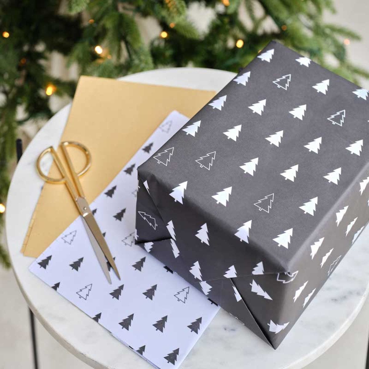 Black, White & Kraft Christmas Tree Print Wrapping Paper (3pk)
