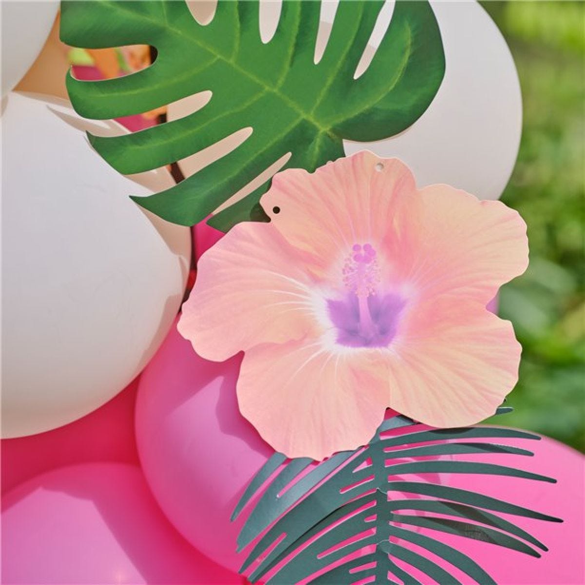 Tiki Tropics Balloon Arch with Faux Foliage - 70 Balloons