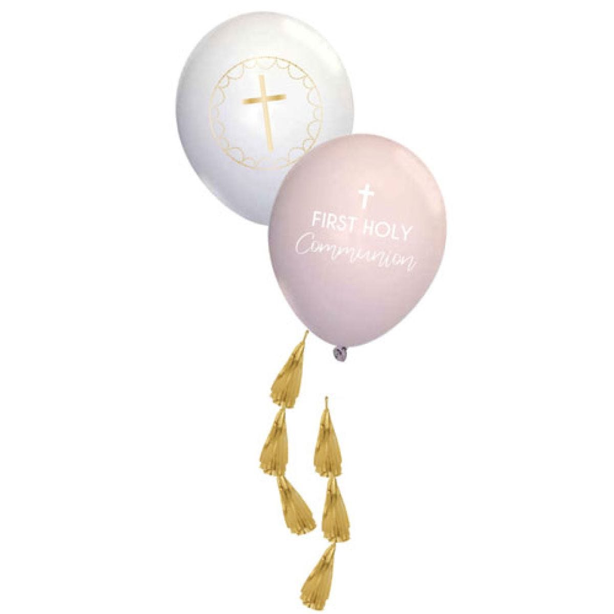 Pink Botanical &apos;First Holy Communion&apos; Balloons with Tassels - 11" Latex (4pk)