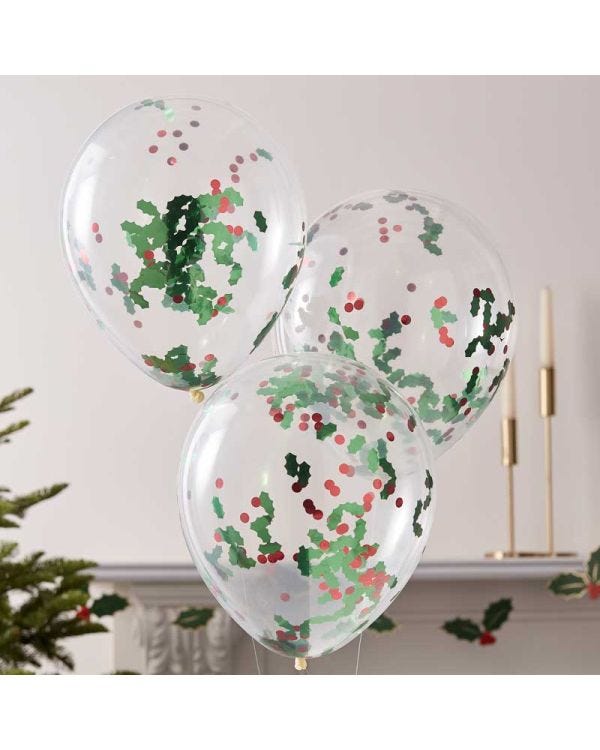 Holly &amp; Berries Confetti Balloons - 12&quot; Latex (5pk)