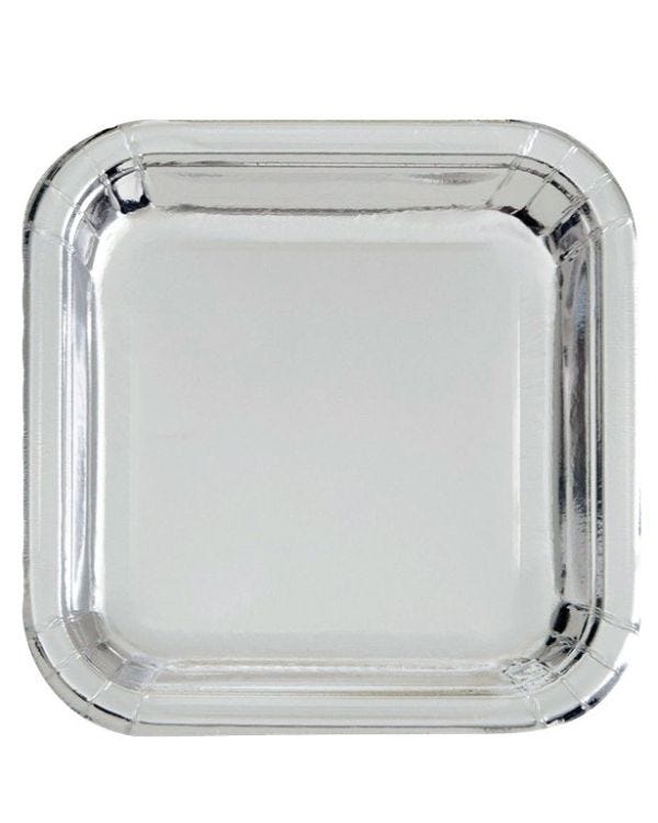 Silver Metallic Square Paper Plates - 23cm (8pk)