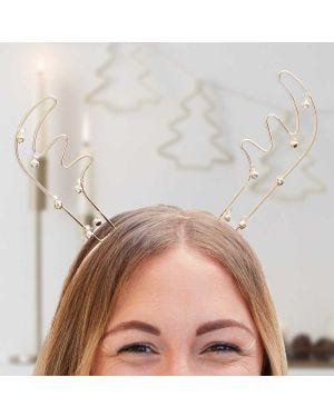 Gold Metal Wire Reindeer Antlers Headband with Bells
