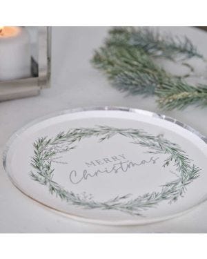 Silver Wreath Merry Christmas Paper Plates - 25cm (8pk)