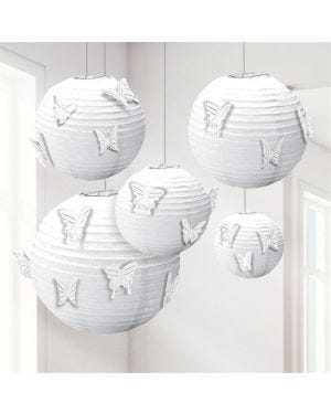 White Paper Lanterns with Butterfly Attachments (5pk)