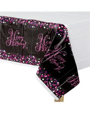 Pink Happy Birthday Plastic Table Cover - 1.4m x 2.6m