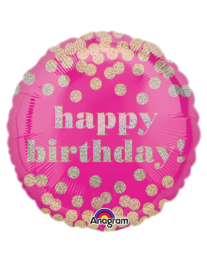 Happy Birthday Pink Dotty Holographic Balloon - 18&quot; Foil