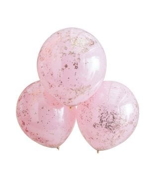 Double Layered Pink &amp; Rose Gold Confetti Latex Balloons - 18&quot; (3pk)