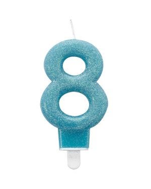 Blue Glitter Number 8 Candle - 7.5cm