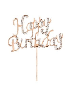 Rose Gold &amp; Diamante Happy Birthday Cake Topper